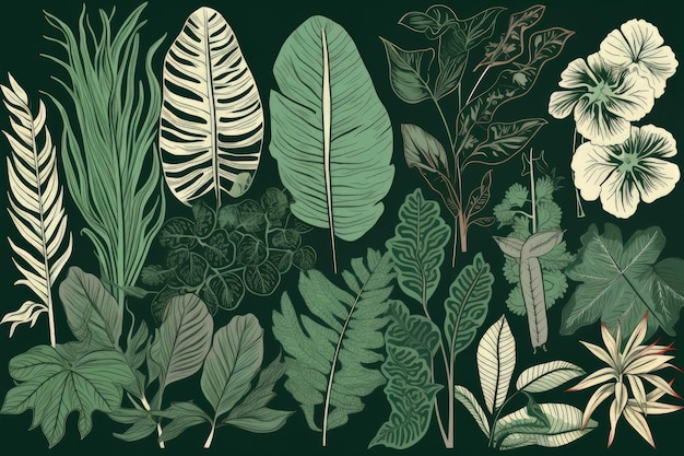 Une collection de plantes tropicales et de feuilles d'IA générative