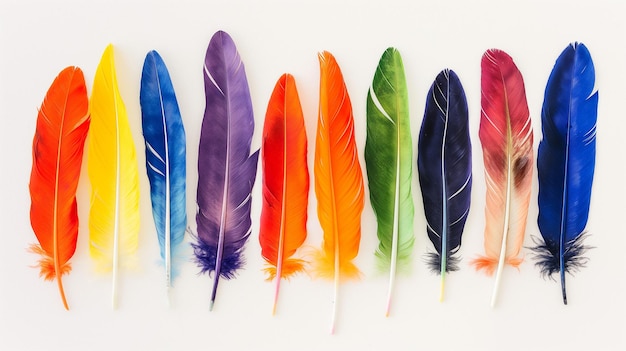 une collection de plumes colorées avec un fond blanc