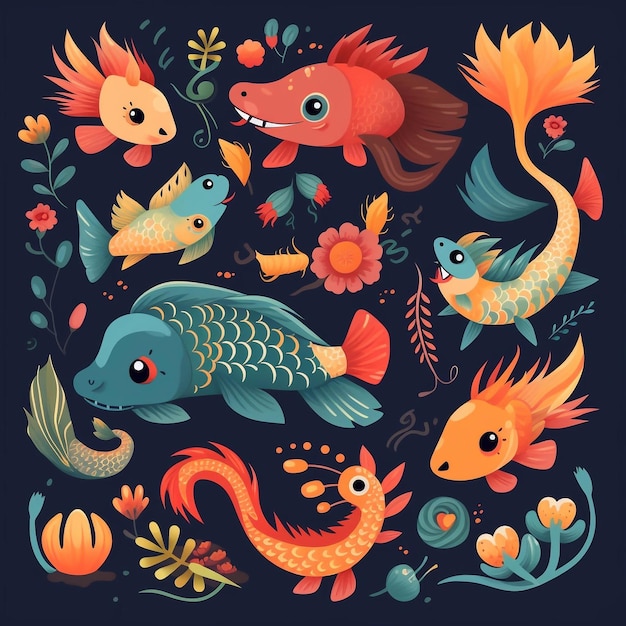 Une collection de poissons et de plantes sur fond noir.