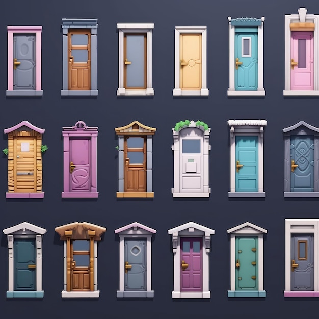 Photo une collection de portes colorées avec des fenêtres et des portes.