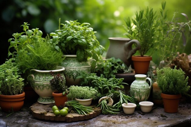 une collection de pots et de pots avec des plantes et des fleurs