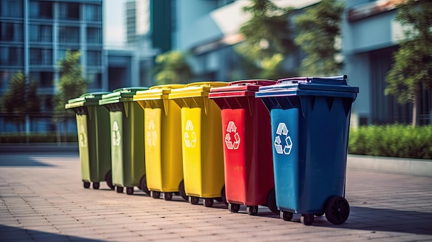 Collection de poubelles de recyclage jaunes, verts, bleus et rouges avec le symbole de recycle en public