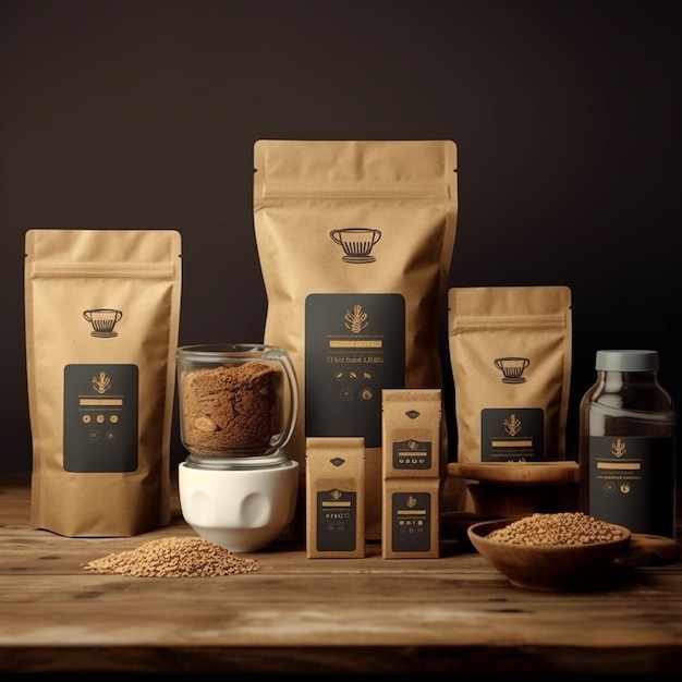 une collection de produits de café comprenant des grains de café et du riz