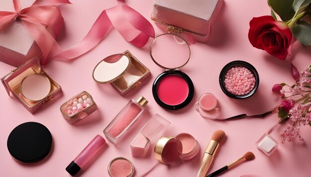 une collection de produits de maquillage comprenant du rouge à lèvres rose et du rouge à dents rose