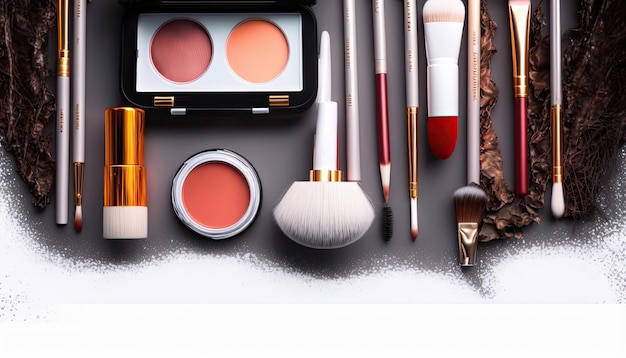 Une collection de produits de maquillage comprenant un pinceau, une brosse et un pinceau de maquillage.