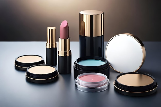 Une collection de produits de maquillage comprenant un rouge à lèvres, un flacon de rouge à lèvres et un récipient blanc avec le mot beauté dessus.