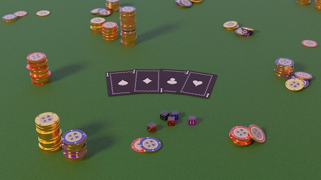 Collection réaliste de jetons de casino isométriques, de jetons de poker et de dés sur vert, rendu 3d de jour