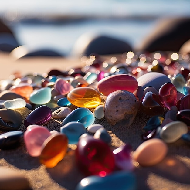 Une collection de roches colorées sur une plage