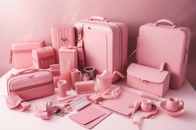 Une collection rose de sacs et sacs dont un sac rose.