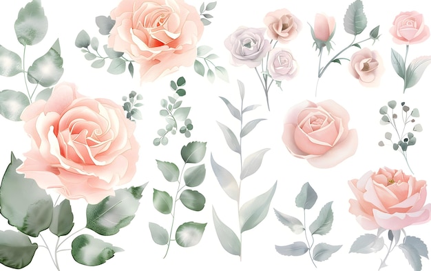 Photo une collection de roses et de feuilles de la collection