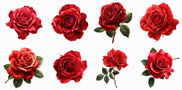 Photo collection de roses rouges isolées sur blanc parfaite pour les thèmes romantiques et floraux