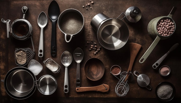 Une collection rustique d'ustensiles de cuisine, cuillères, spatules, louches et plus générée par l'IA