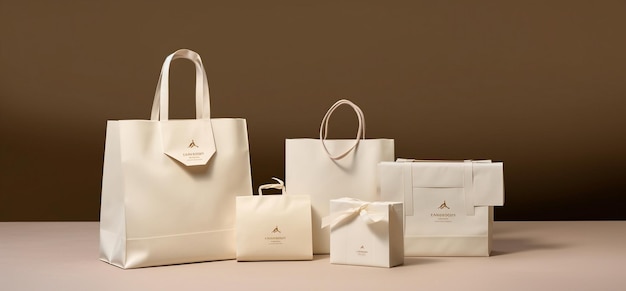 Une collection de sacs cadeaux blancs pour une boutique de mariage.