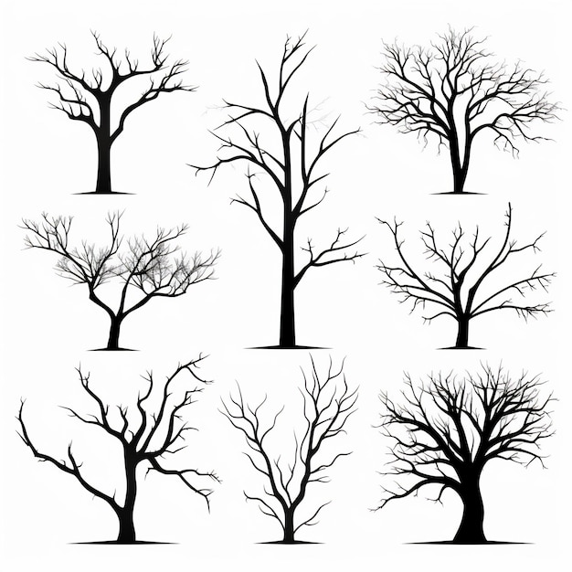 Collection de silhouettes d'arbres effrayantes sans feuilles idéales pour les arrière-plans d'Halloween hantés