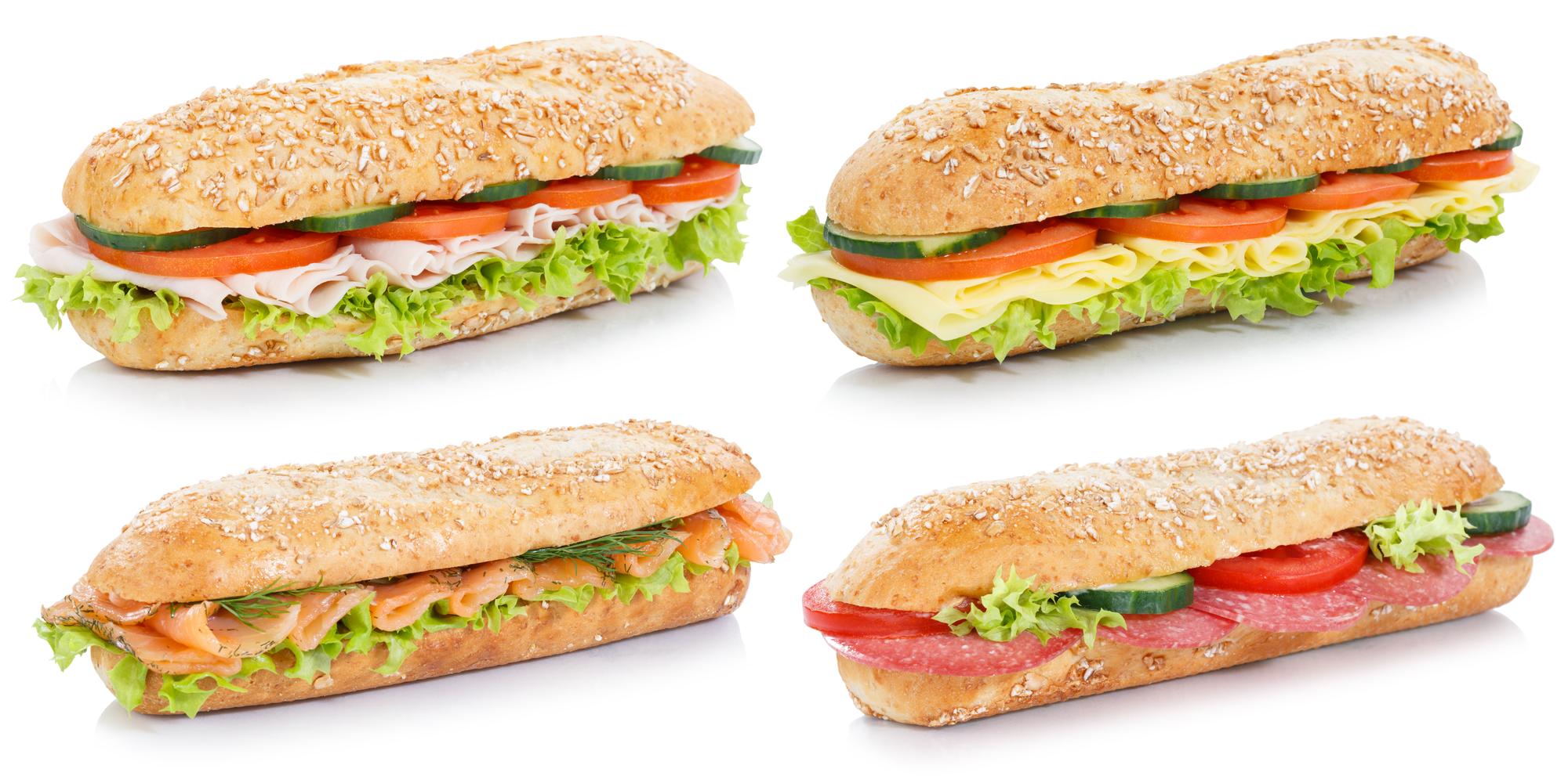 Collection de sous-sandwichs au salami jambon fromage saumon poisson grains entiers isolés sur blanc