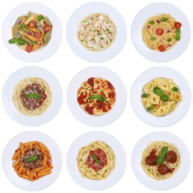 Collection de spaghettis nouilles ravioli repas de pâtes isolé
