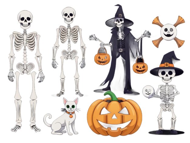 une collection de squelettes comprenant un squelette un chat et une citrouille