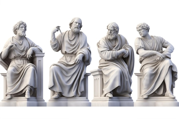 Une collection de statues de marbre de philosophes isolées sur un fond blanc