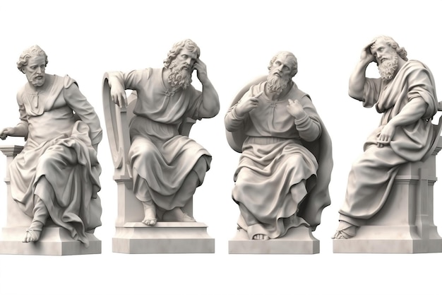 Une collection de statues de marbre de philosophes isolées sur un fond blanc