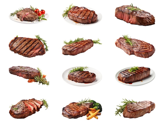 Collection de steaks isolée sur fond blanc avec une IA générée