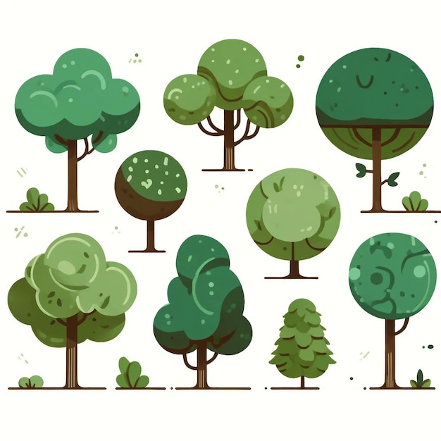 Collection stylisée de dessins plats d'arbres verts variés