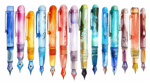 Photo collection de stylos charmants en aquarelle sur fond blanc ai générative