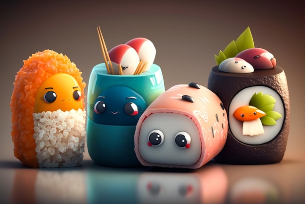 Une collection de sushis et de sushis avec un personnage de dessin animé.