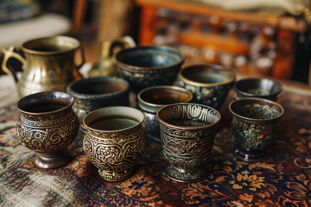 Une collection de tasses et de bols en céramique colorés exposés sur un marché animé mettant en valeur l'art et l'artisanat dynamiques de la tradition de la poterie de la région