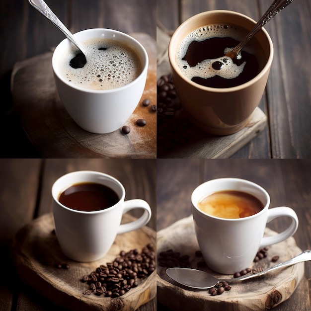 Collection de tasses à café sur une table en bois Un ensemble d'illustrations générées par l'IA