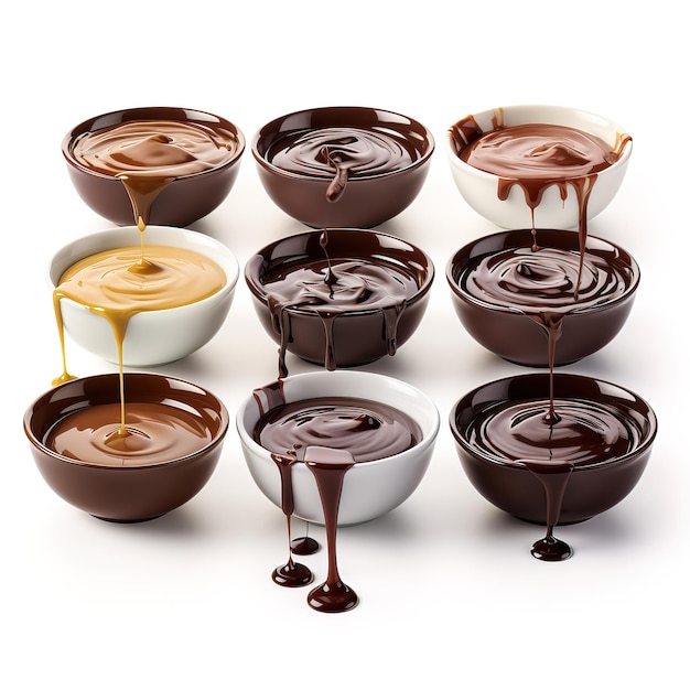 une collection de tasses de chocolat avec une sauce au chocolat dessus