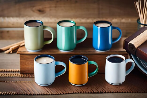 une collection de tasses colorées dont une qui dit « café » sur le dessus.