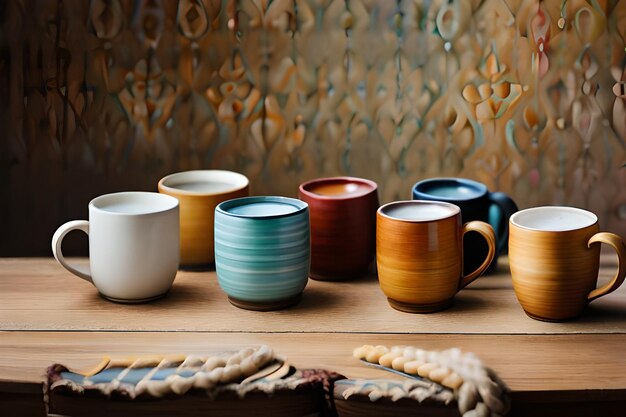 une collection de tasses colorées sur une table avec un mur derrière elles.