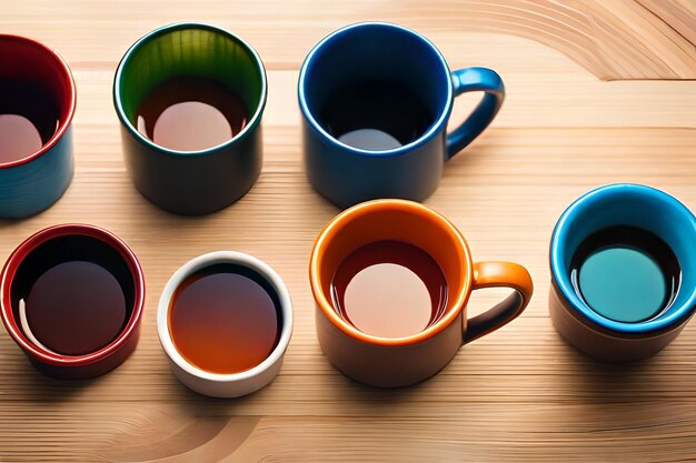 Une collection de tasses colorées sur une table