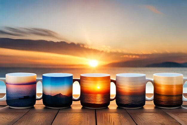 Une collection de tasses avec un coucher de soleil peint sur elles réaliste