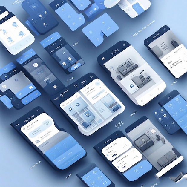 Une collection de téléphones intelligents avec un fond bleu et un blanc et bleu qui dit application