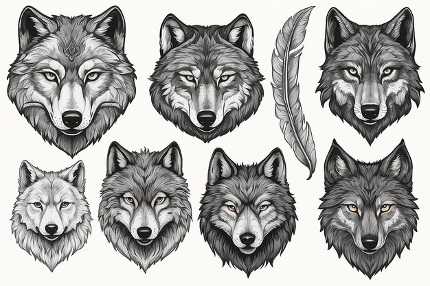 Collection de tête de loup dessinée à la main Des croquis majestueux