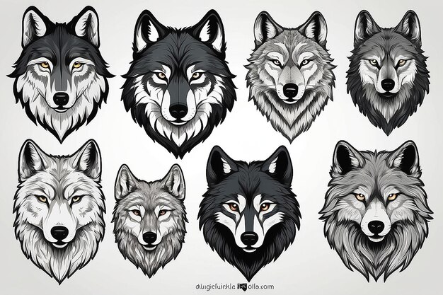 Collection de tête de loup dessinée à la main Des croquis majestueux