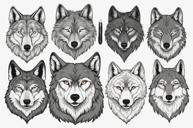 Collection de tête de loup dessinée à la main Des croquis majestueux