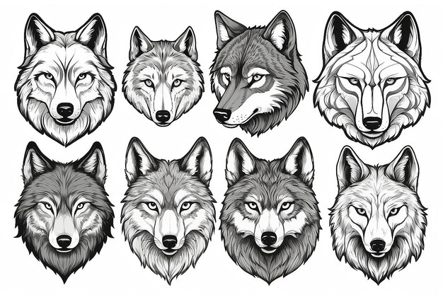 Collection de tête de loup dessinée à la main Des croquis majestueux