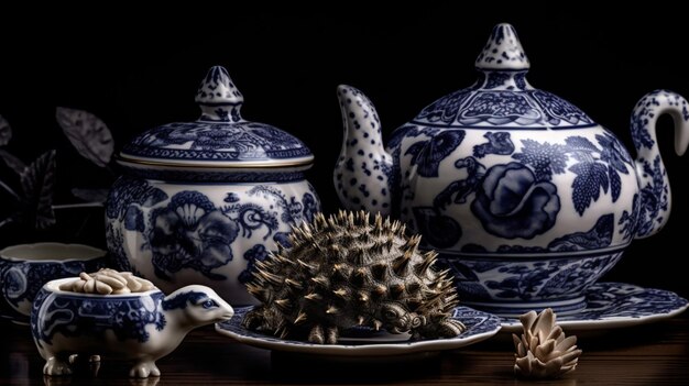 Une collection de théières chinoises et une tasse avec un dragon dessus.