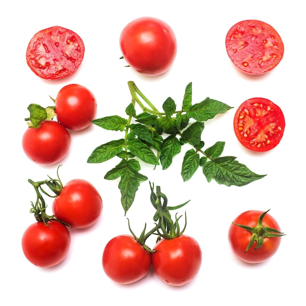 Collection de tomates entières et tranchées avec une branche de feuille de tomate isolée sur fond blanc. Nourriture savoureuse et saine. Mise à plat, vue de dessus