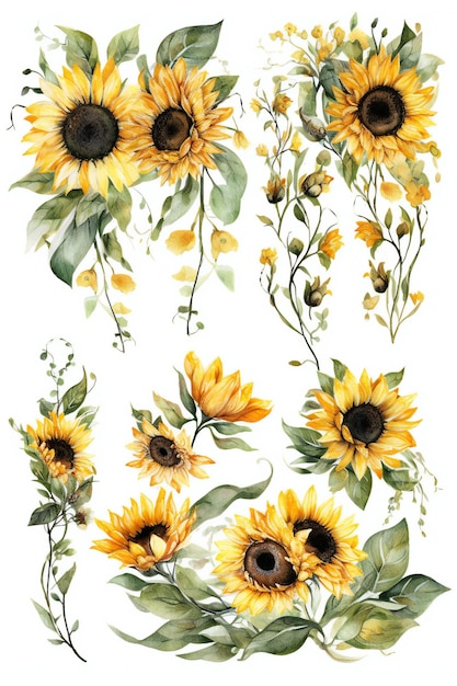 Une collection de tournesols sur fond blanc.