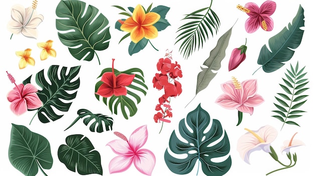 Photo une collection tropicale exotique avec des fleurs et des feuilles isolées sur un fond blanc