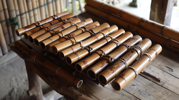 Photo une collection de tubes de bambou liés ensemble avec une corde sur une table en bois les tubes sont de différentes longueurs et diamètres