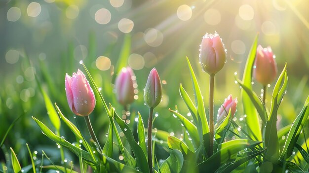 Une collection de tulipes roses étincelantes avec des gouttes d'eau