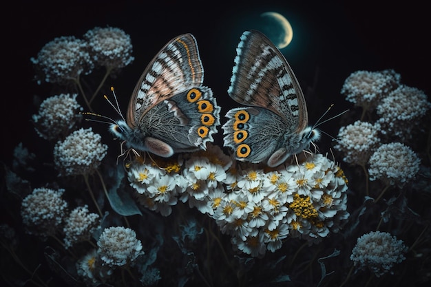 Une collection unique et créative de beaux papillons de nuit et de papillons Vol délicat Merveilleuse prairie de fleurs rosée du matin insectes mignons ailes lune nature lumière du soleil