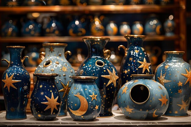 Une collection de vases bleus décorés d'étoiles et de lune exposés
