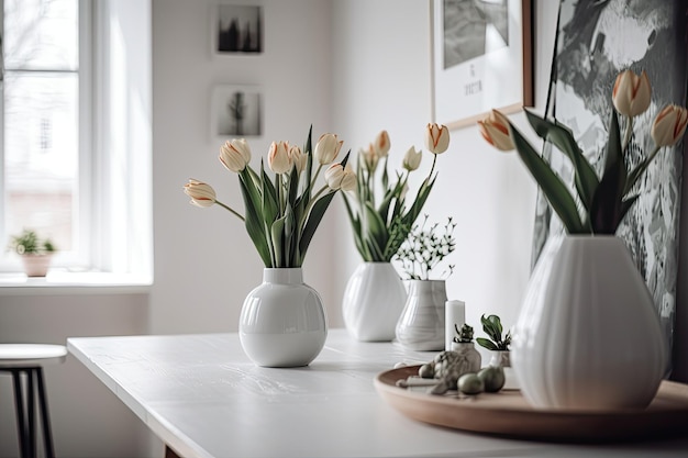 Collection de vases en céramique colorés disposés sur une table en bois Generative AI