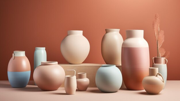 Une collection de vases en céramique sur une table avec un qui dit "nouveau" dessus