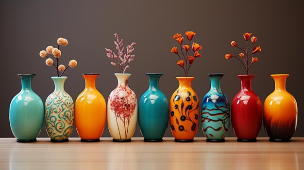 Une collection de vases colorés dont un portant le numéro 10